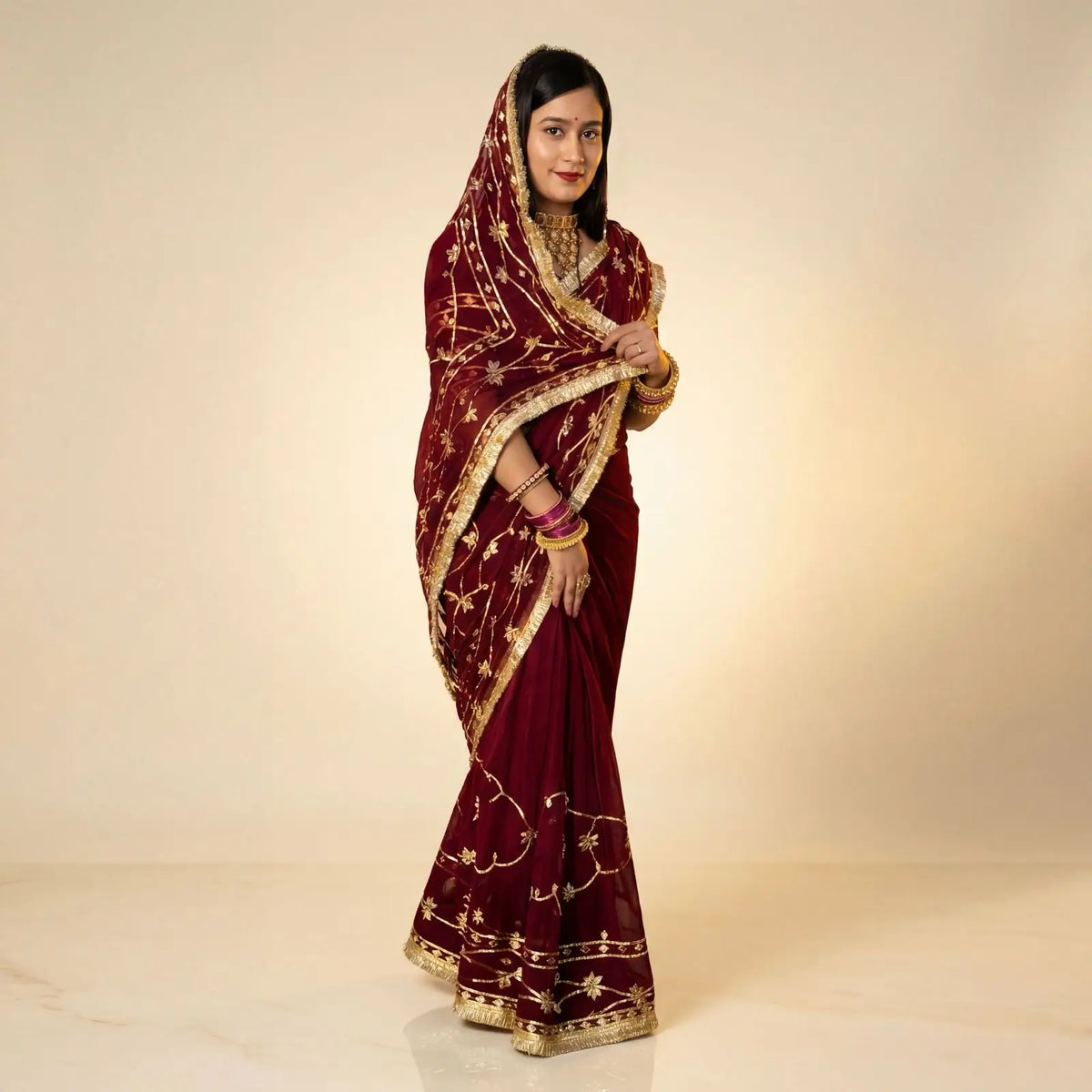Handworked Gota Patti Georgette Saree with Sequence Lace Border