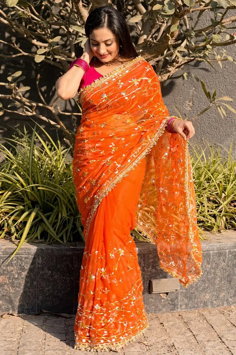 Handworked Gota Patti Georgette Saree with Sequence Lace Border