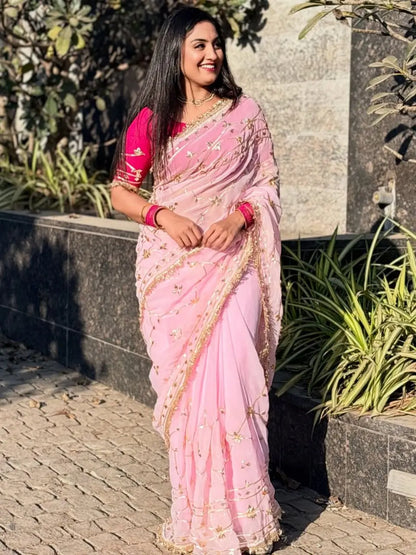 Handworked Gota Patti Georgette Saree with Sequence Lace Border