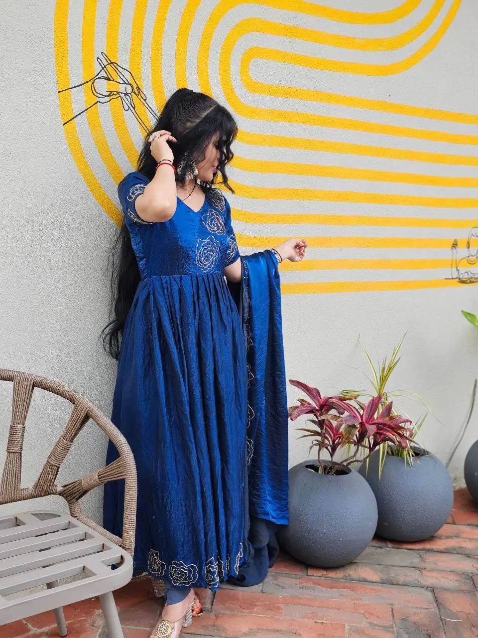 Handworked Space Silk Anarkali Set with Dupatta