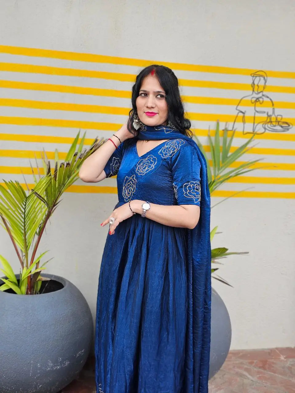 Handworked Space Silk Anarkali Set with Dupatta