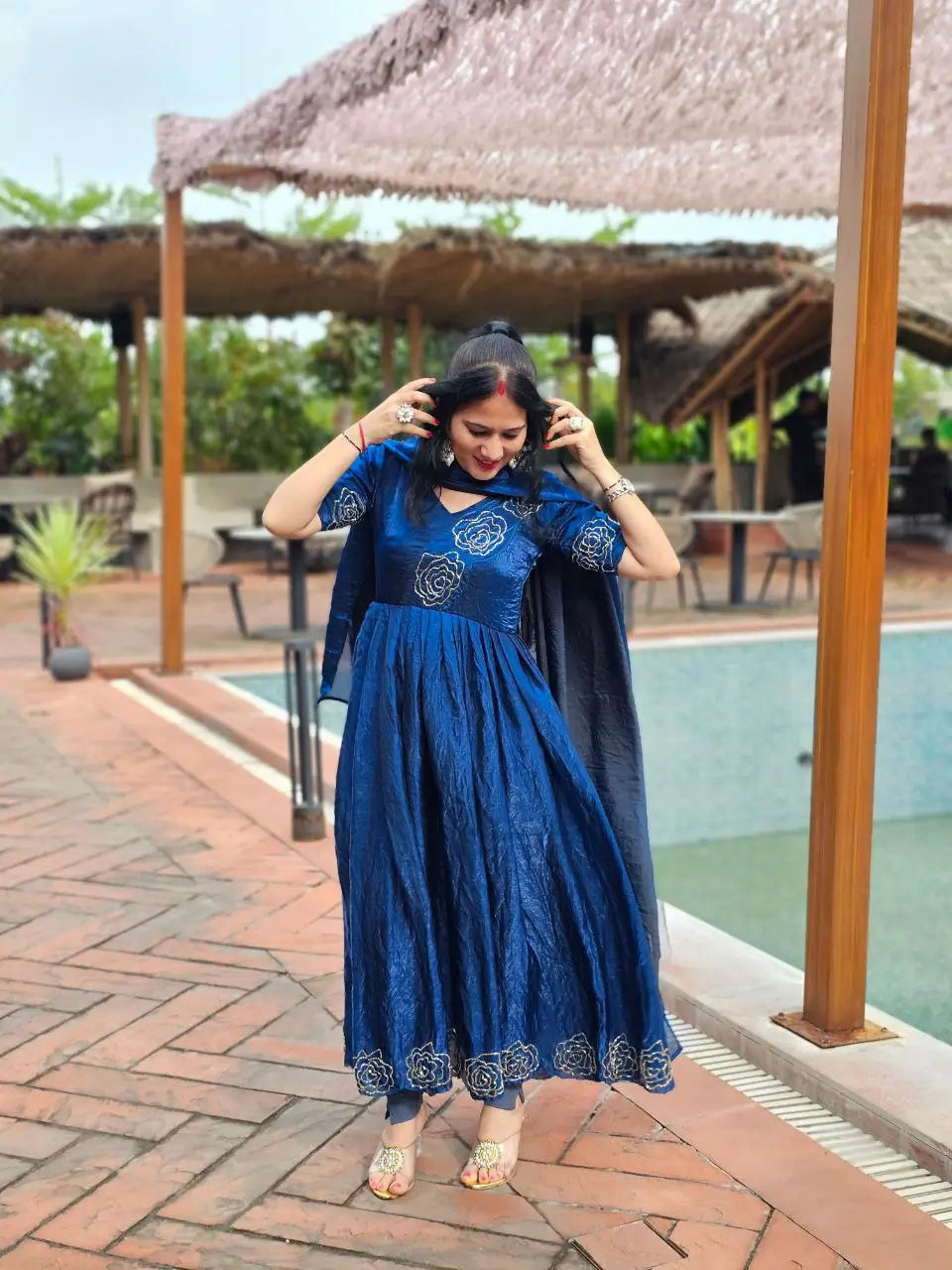 Handworked Space Silk Anarkali Set with Dupatta