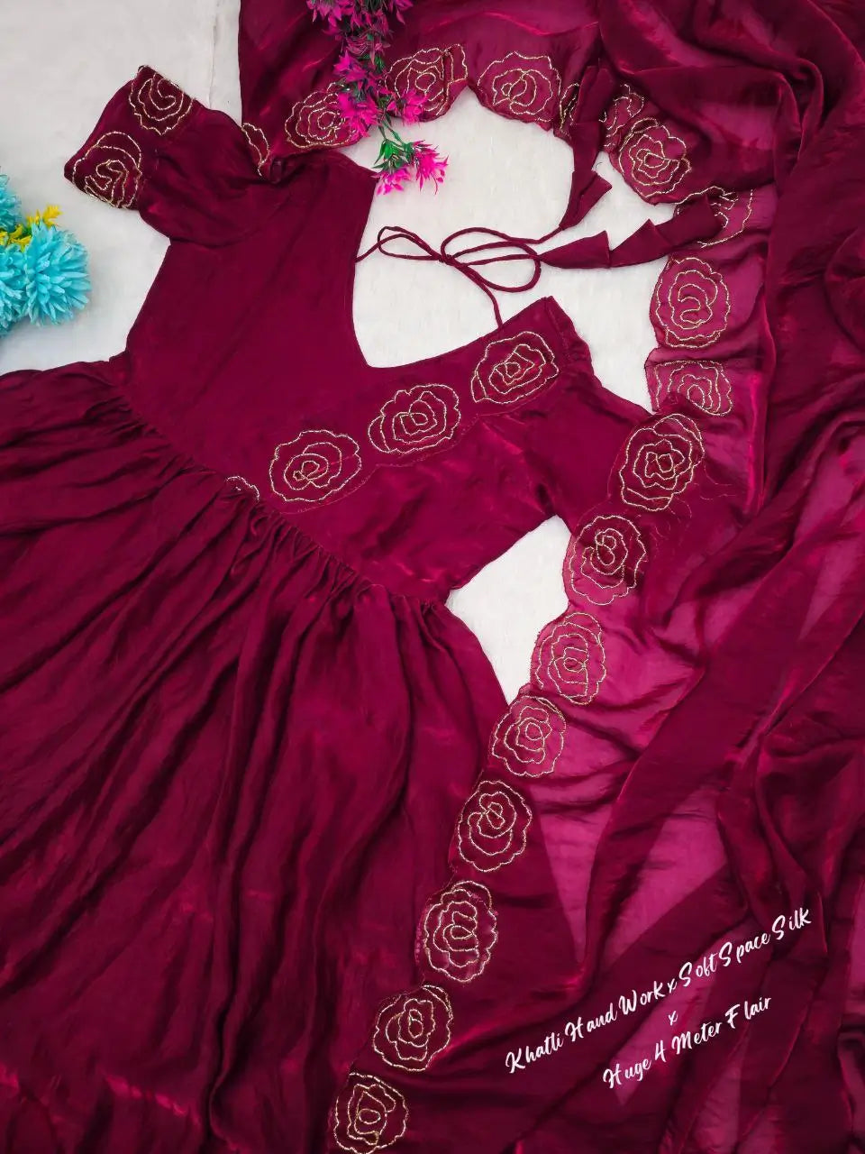 Handworked Space Silk Anarkali Set with Dupatta