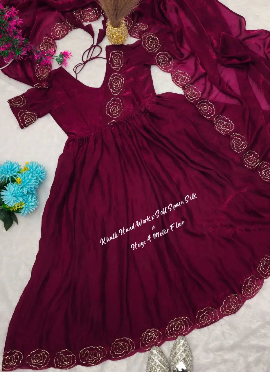 Handworked Space Silk Anarkali Set with Dupatta