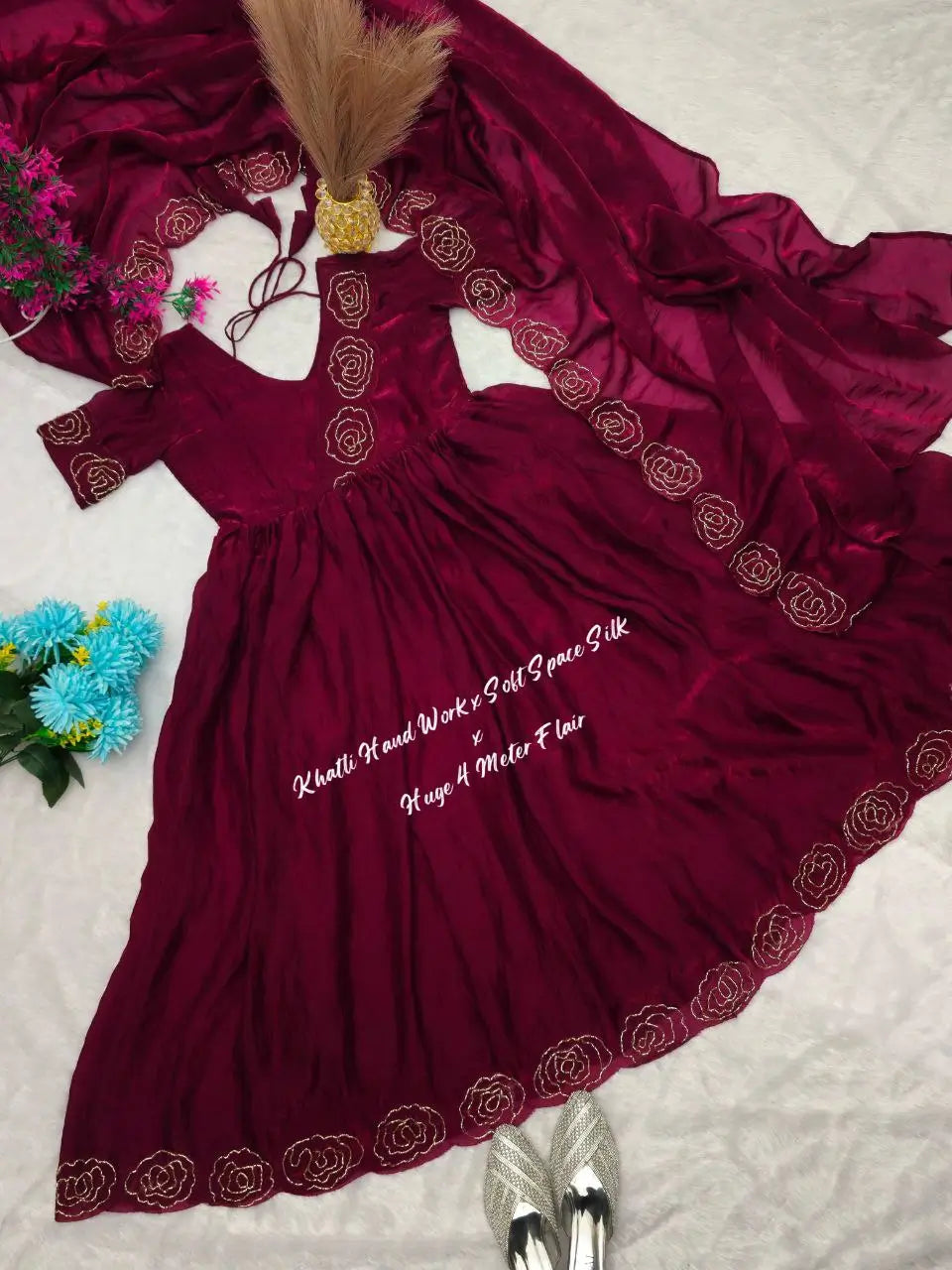 Handworked Space Silk Anarkali Set with Dupatta