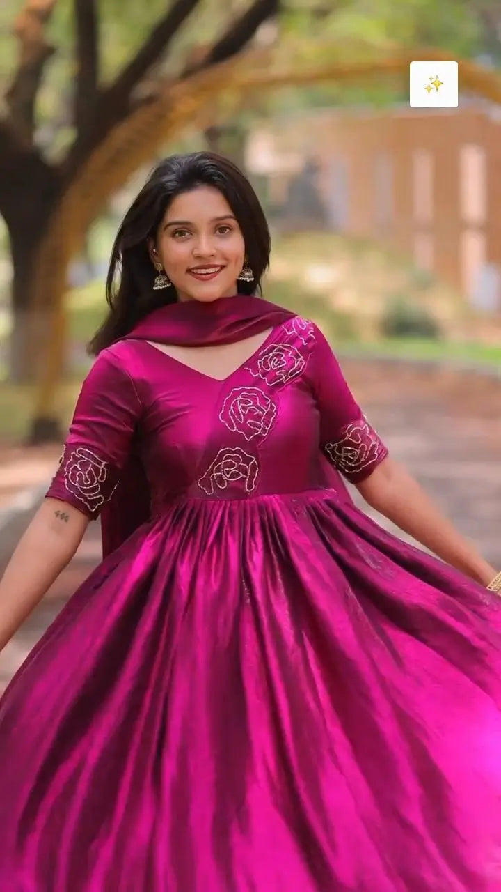 Handworked Space Silk Anarkali Set with Dupatta