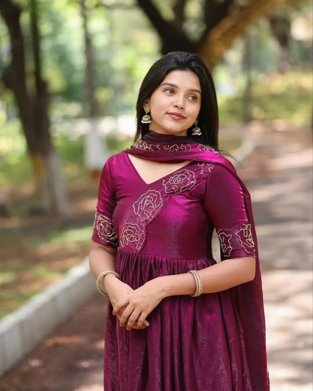 Handworked Space Silk Anarkali Set with Dupatta