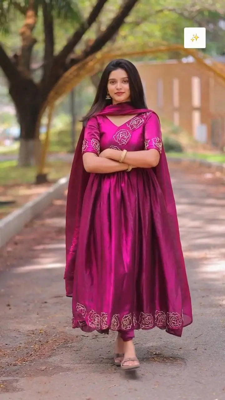 Handworked Space Silk Anarkali Set with Dupatta