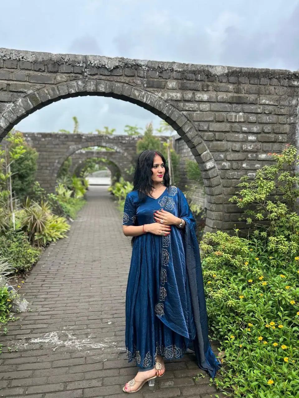 Handworked Space Silk Anarkali Set with Dupatta