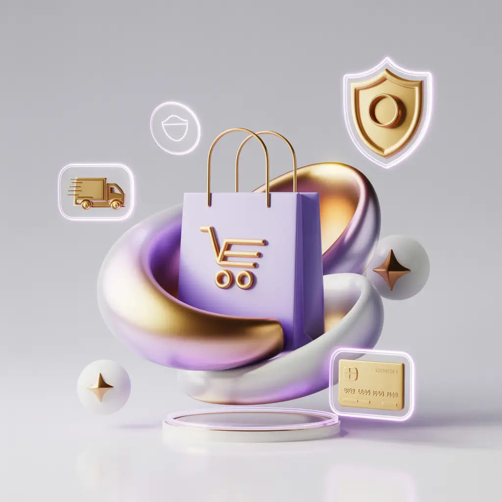 E-commerce icons including a shopping bag, cart, shield, truck, and gold card on a gray background.