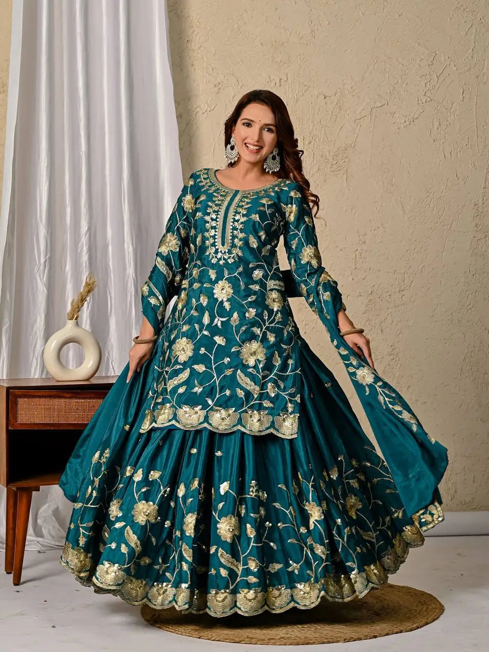 Heavy Chinnon Silk Embroidered Lehenga Set