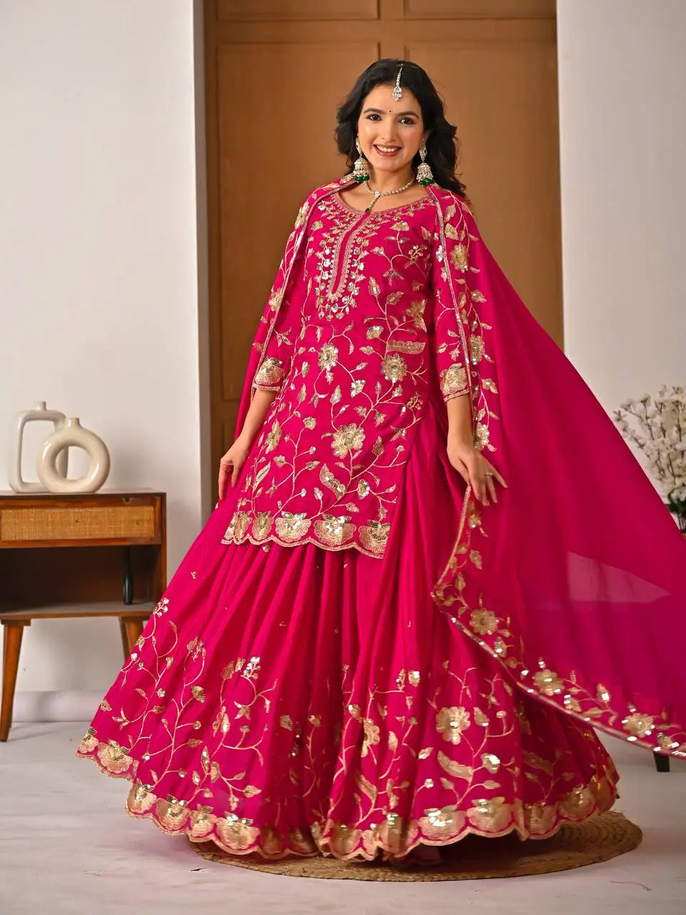 Heavy Chinnon Silk Embroidered Lehenga Set