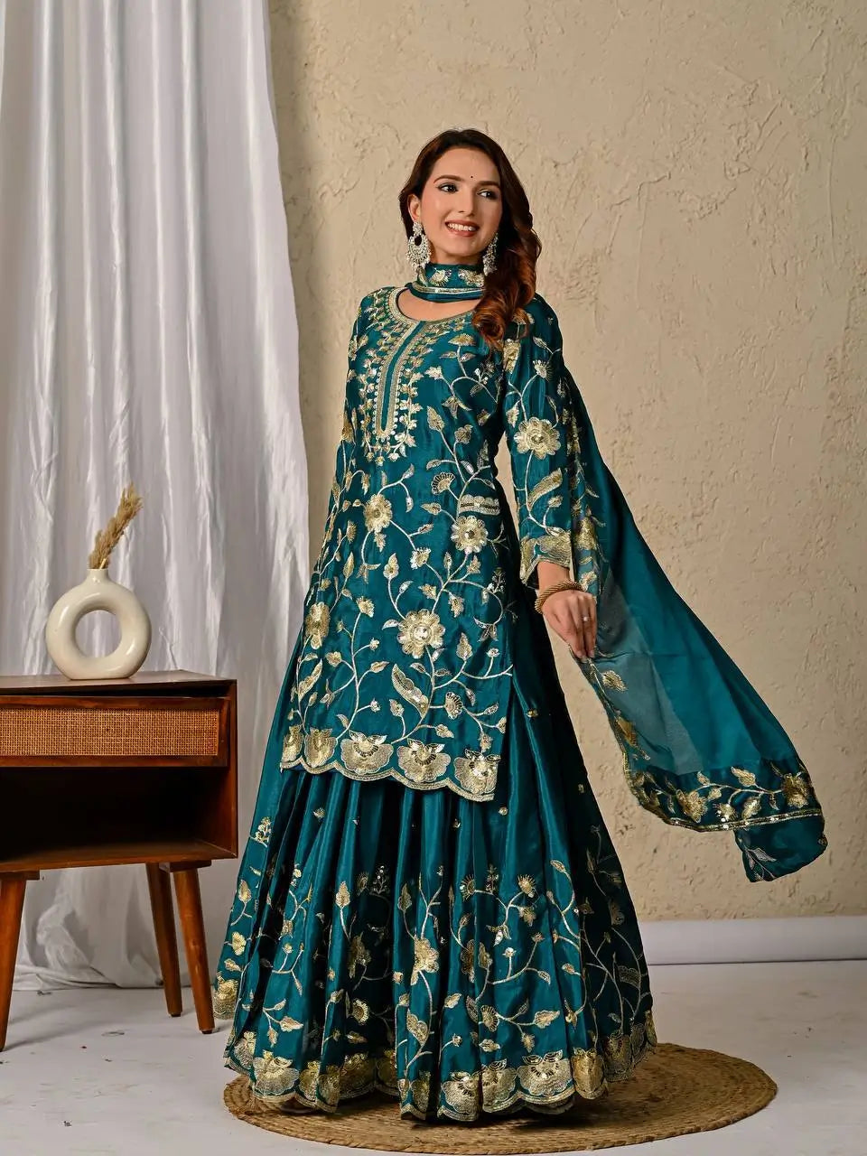 Heavy Chinnon Silk Embroidered Lehenga Set