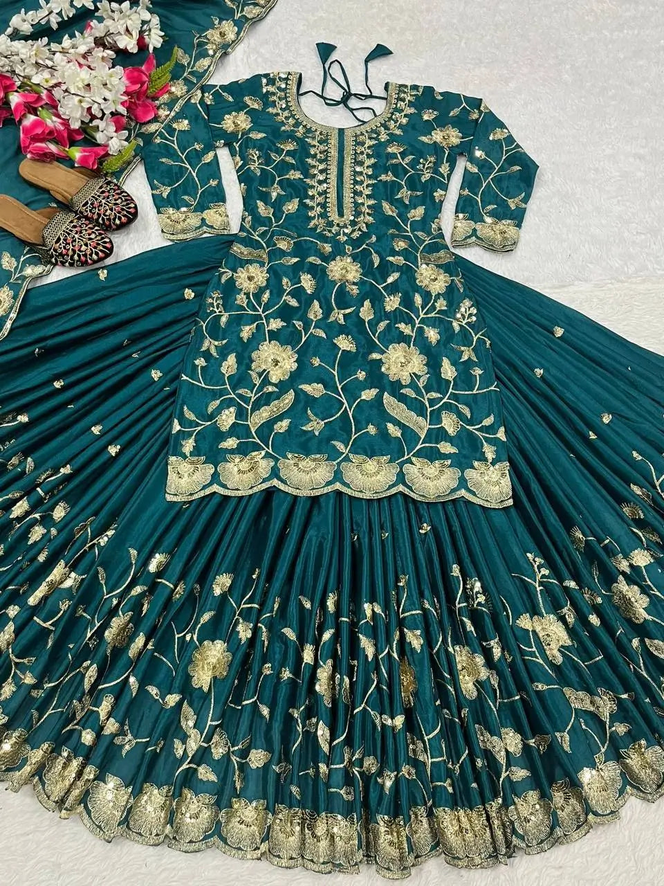 Heavy Chinnon Silk Embroidered Lehenga Set