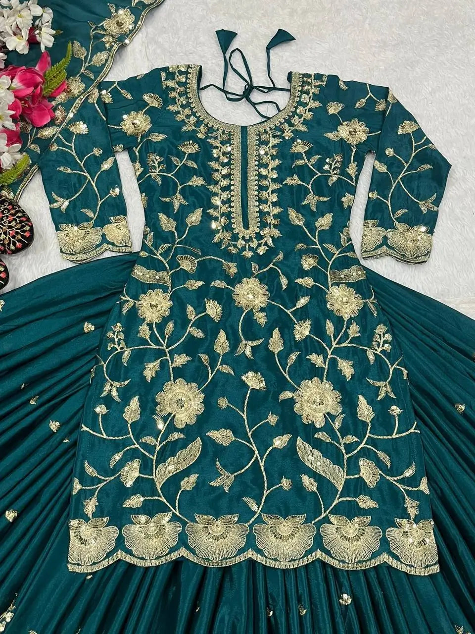 Heavy Chinnon Silk Embroidered Lehenga Set