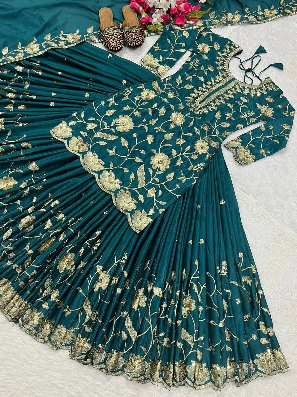 Heavy Chinnon Silk Embroidered Lehenga Set