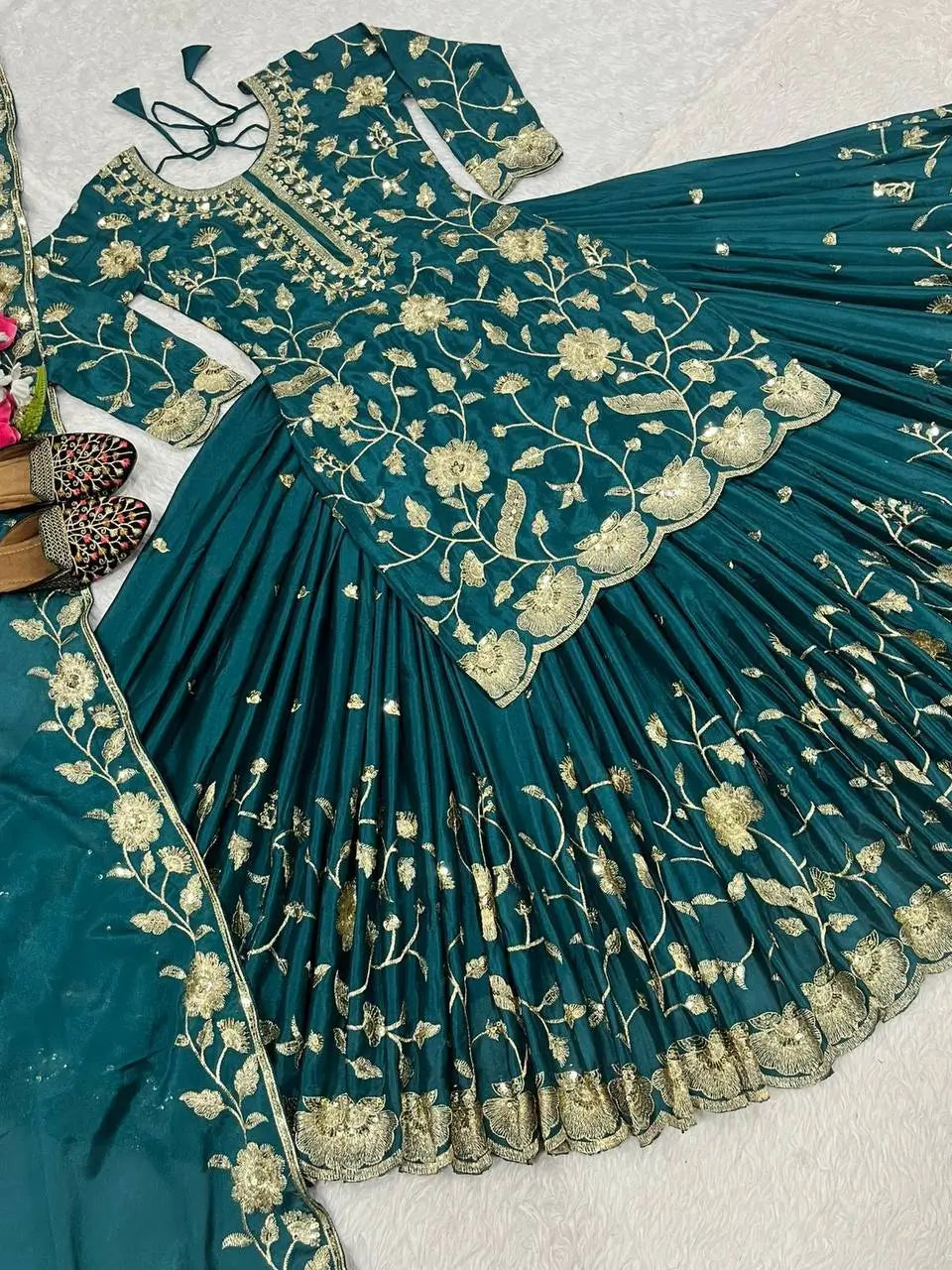Heavy Chinnon Silk Embroidered Lehenga Set