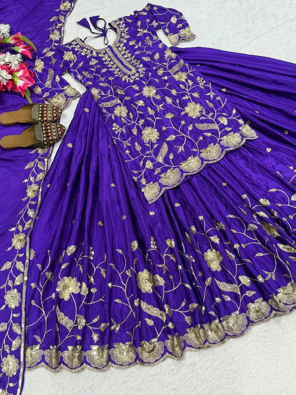 Heavy Chinnon Silk Embroidered Lehenga Set