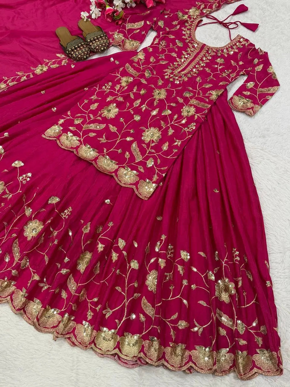 Heavy Chinnon Silk Embroidered Lehenga Set