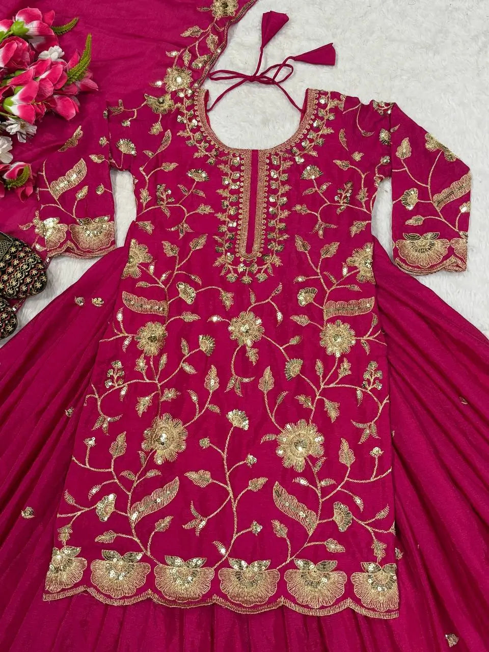 Heavy Chinnon Silk Embroidered Lehenga Set