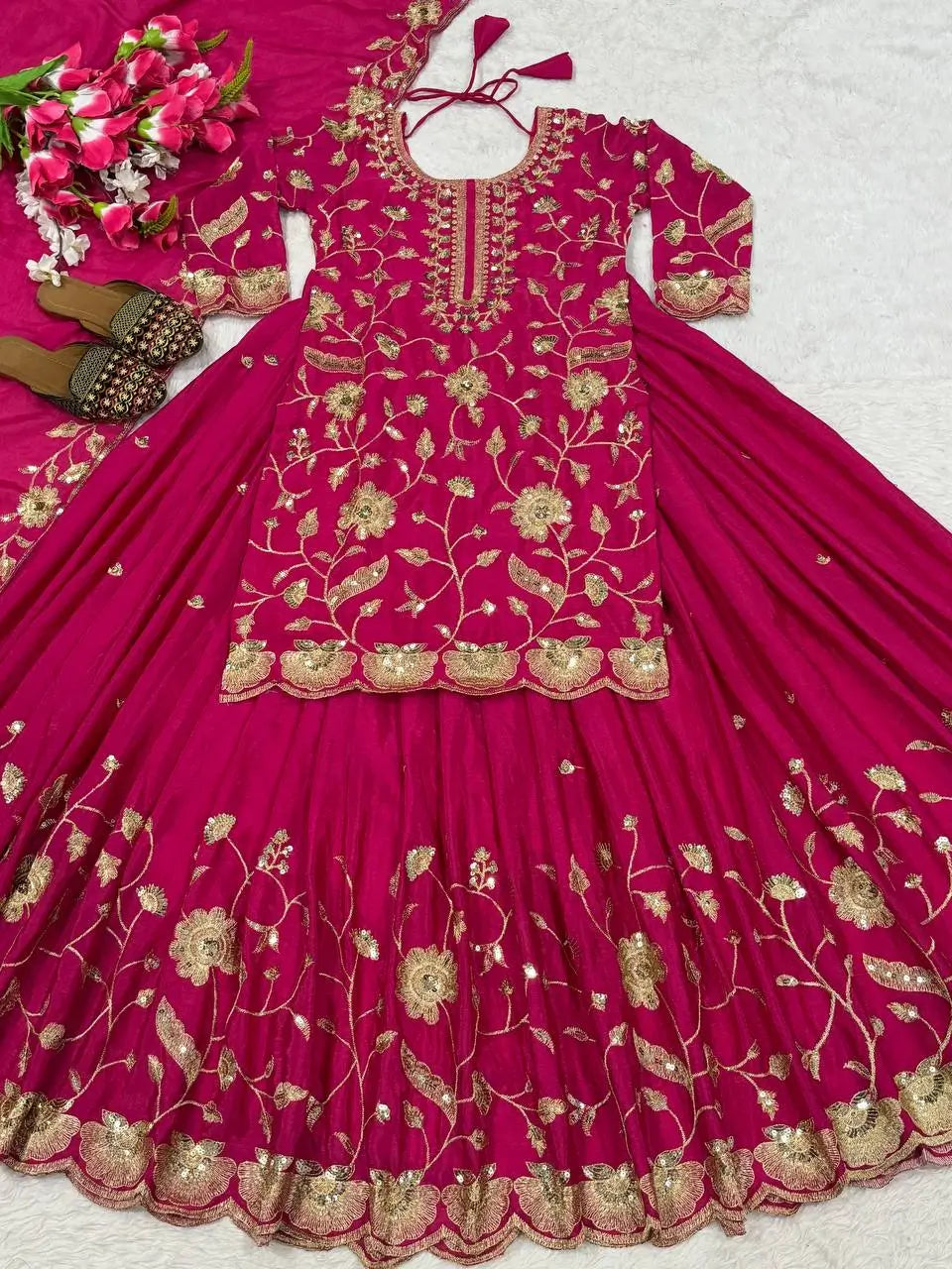 Heavy Chinnon Silk Embroidered Lehenga Set