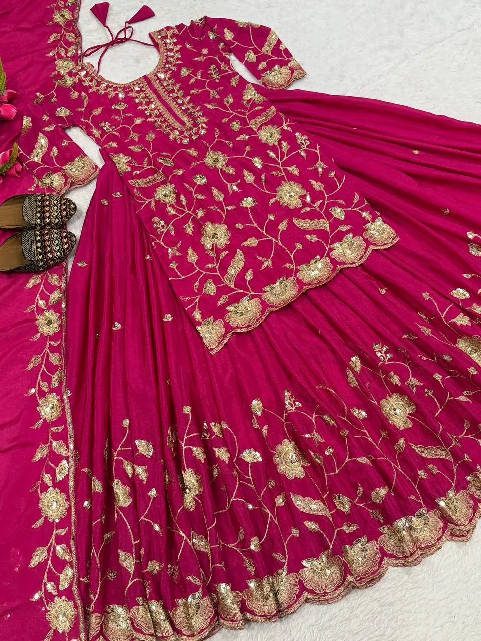 Heavy Chinnon Silk Embroidered Lehenga Set