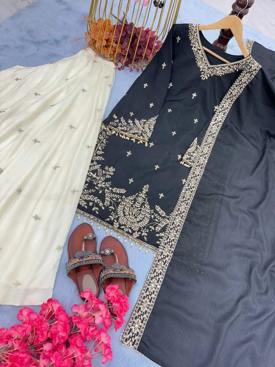 Heavy Chinon Silk Embroidered Kurta with Palazzo & Dupatta – Festive & Wedding Wear