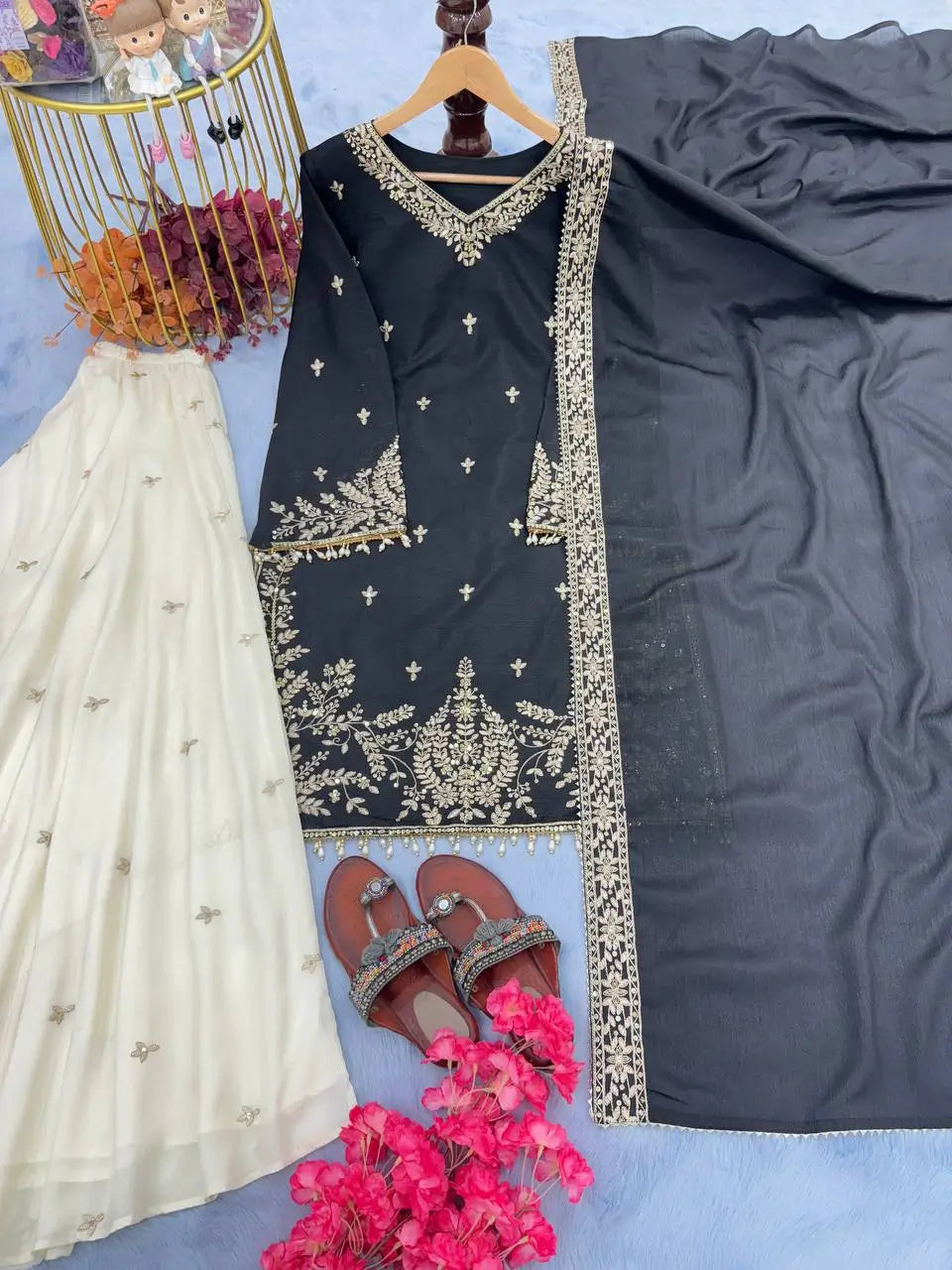 Heavy Chinon Silk Embroidered Kurta with Palazzo & Dupatta – Festive & Wedding Wear