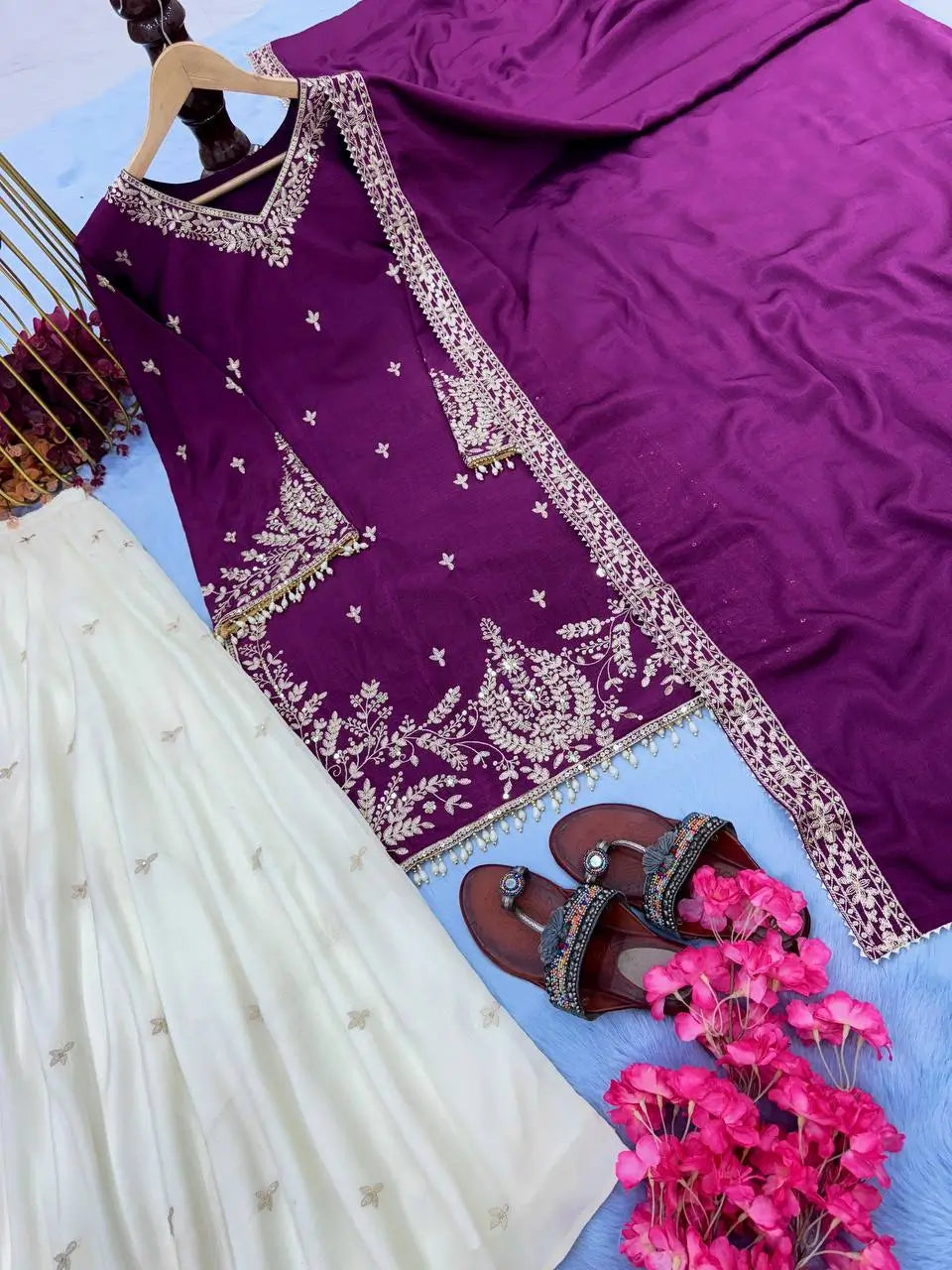 Heavy Chinon Silk Embroidered Kurta with Palazzo & Dupatta – Festive & Wedding Wear