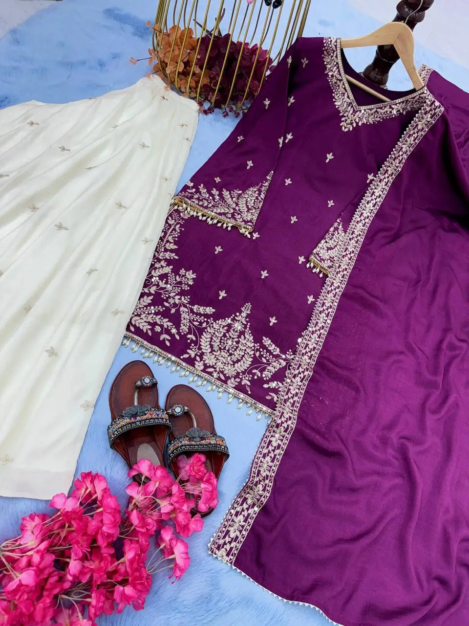 Heavy Chinon Silk Embroidered Kurta with Palazzo & Dupatta – Festive & Wedding Wear