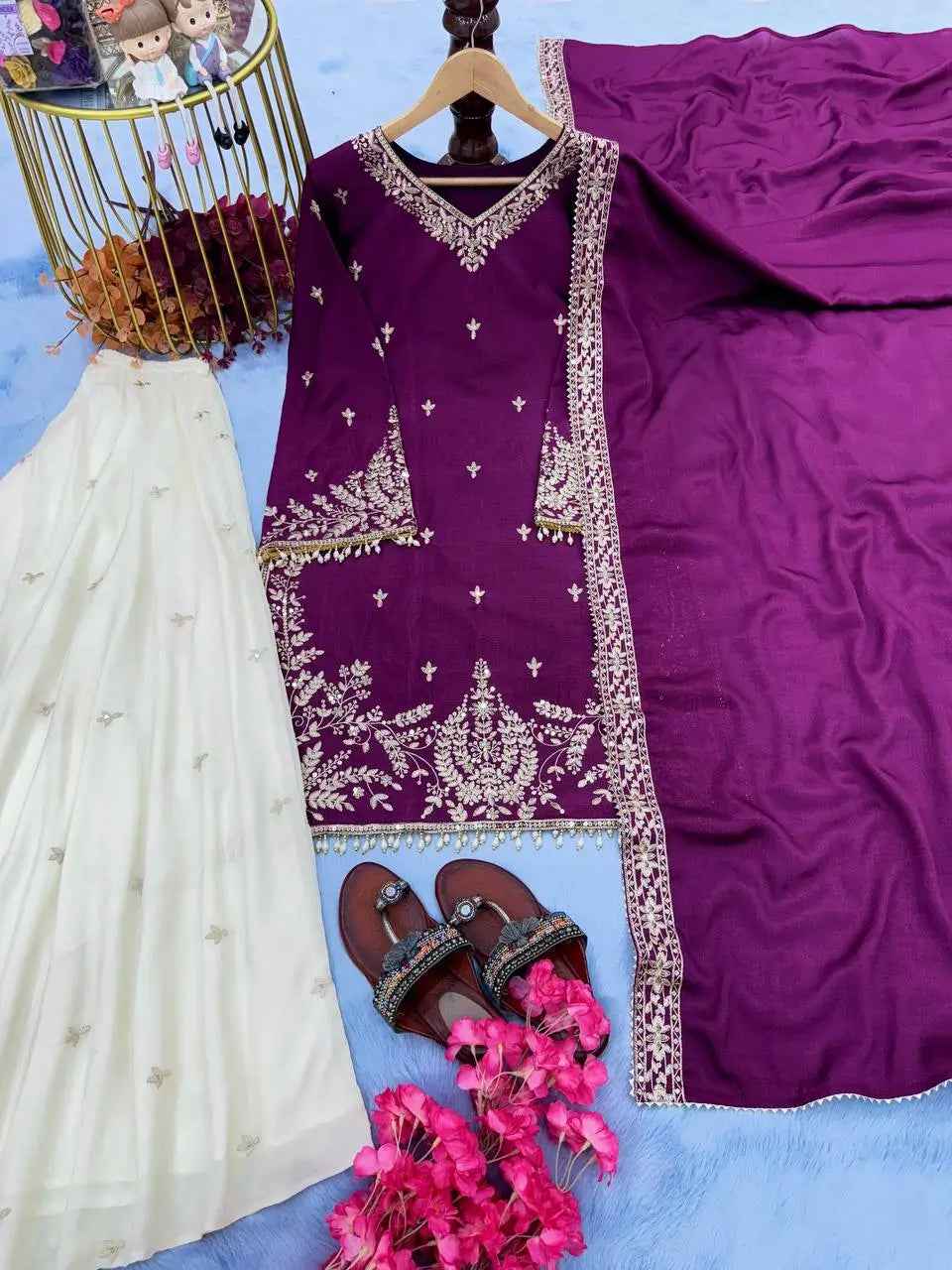 Heavy Chinon Silk Embroidered Kurta with Palazzo & Dupatta – Festive & Wedding Wear
