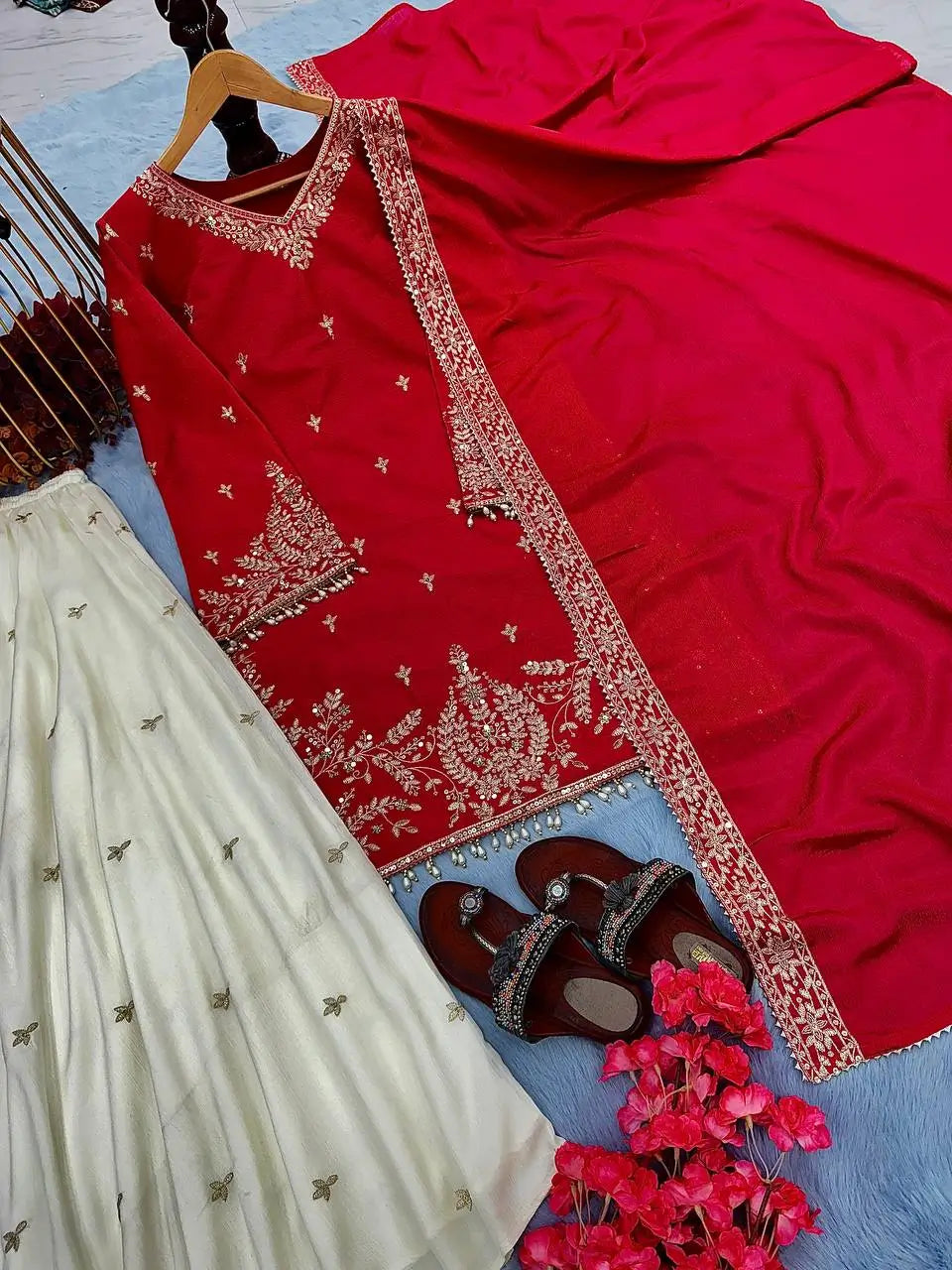 Heavy Chinon Silk Embroidered Kurta with Palazzo & Dupatta – Festive & Wedding Wear
