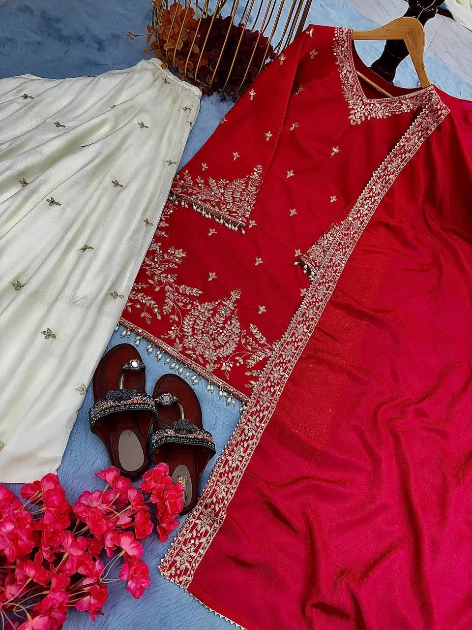 Heavy Chinon Silk Embroidered Kurta with Palazzo & Dupatta – Festive & Wedding Wear