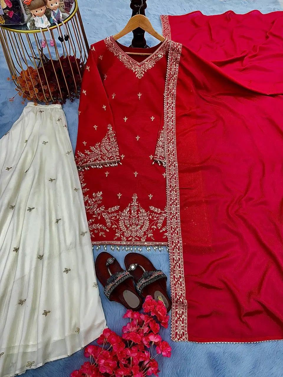Heavy Chinon Silk Embroidered Kurta with Palazzo & Dupatta – Festive & Wedding Wear
