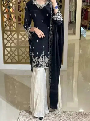 Heavy Chinon Silk Embroidered Kurta with Palazzo & Dupatta – Festive & Wedding Wear
