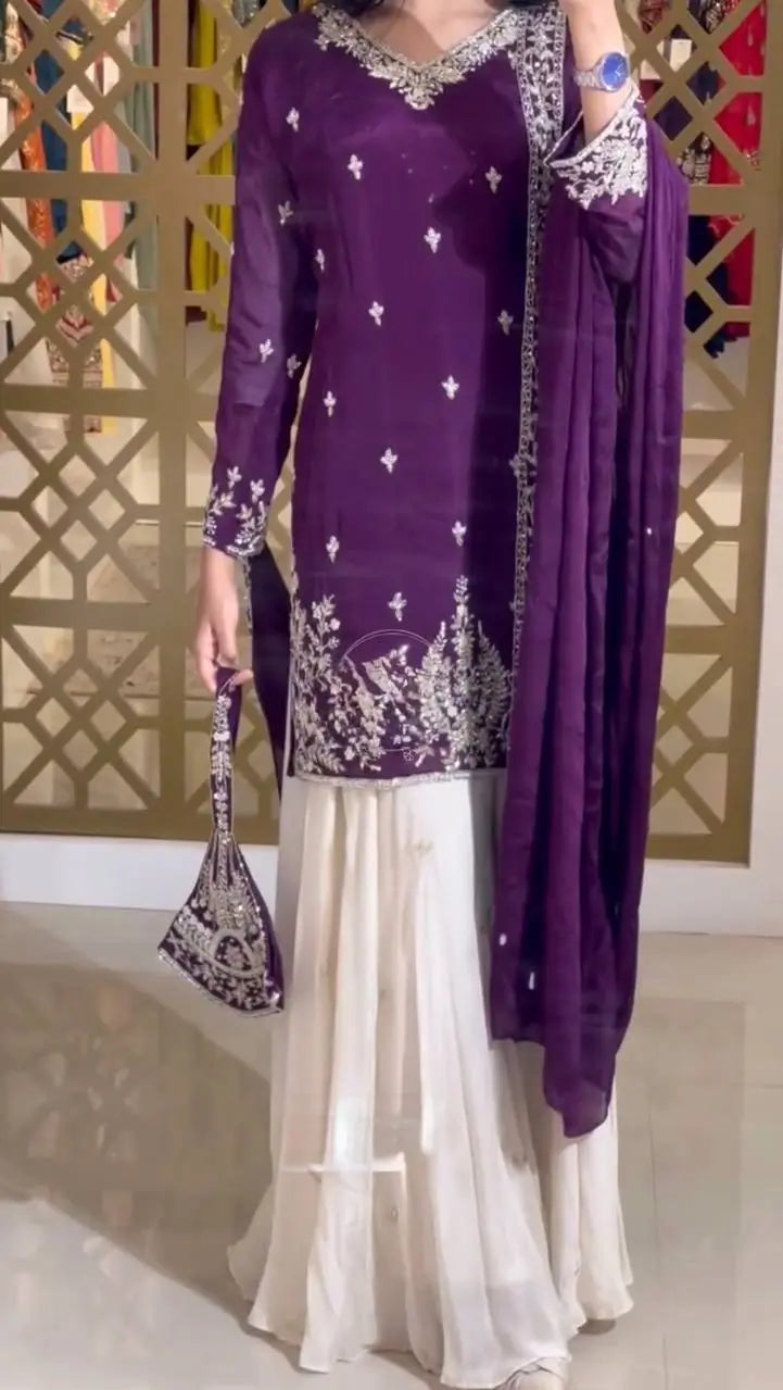 Heavy Chinon Silk Embroidered Kurta with Palazzo & Dupatta – Festive & Wedding Wear