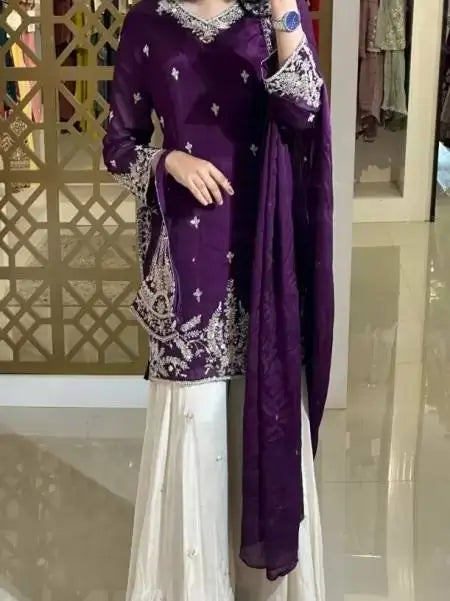 Heavy Chinon Silk Embroidered Kurta with Palazzo & Dupatta – Festive & Wedding Wear