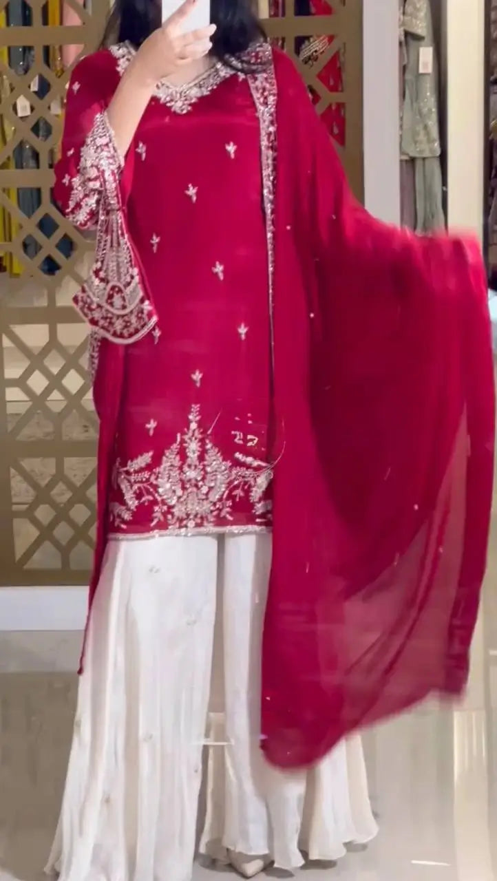 Heavy Chinon Silk Embroidered Kurta with Palazzo & Dupatta – Festive & Wedding Wear