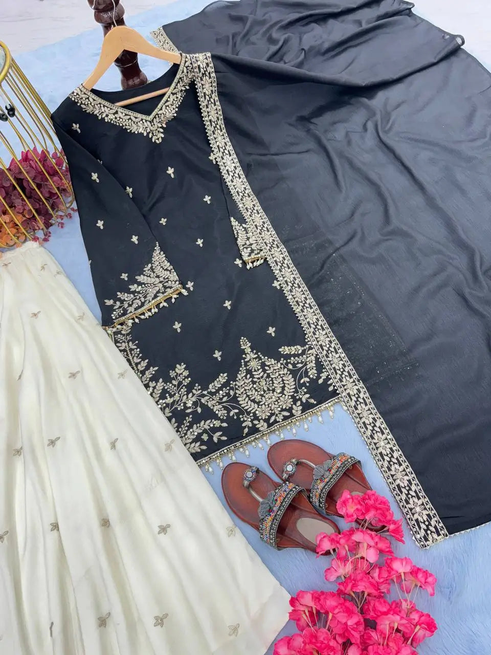 Heavy Chinon Silk Embroidered Kurta with Palazzo & Dupatta – Festive & Wedding Wear