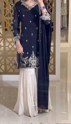 Heavy Chinon Silk Embroidered Kurta with Palazzo & Dupatta – Festive & Wedding Wear