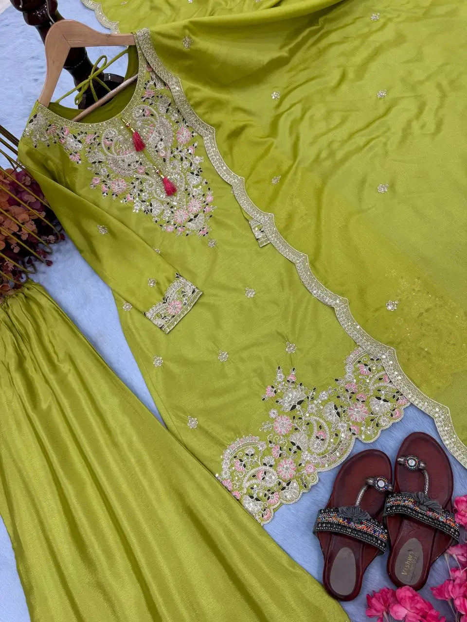 Heavy Chinon Silk Embroidered Palazzo Set with Dupatta