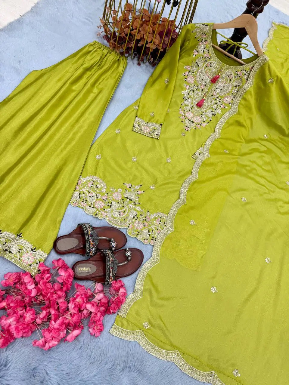 Heavy Chinon Silk Embroidered Palazzo Set with Dupatta