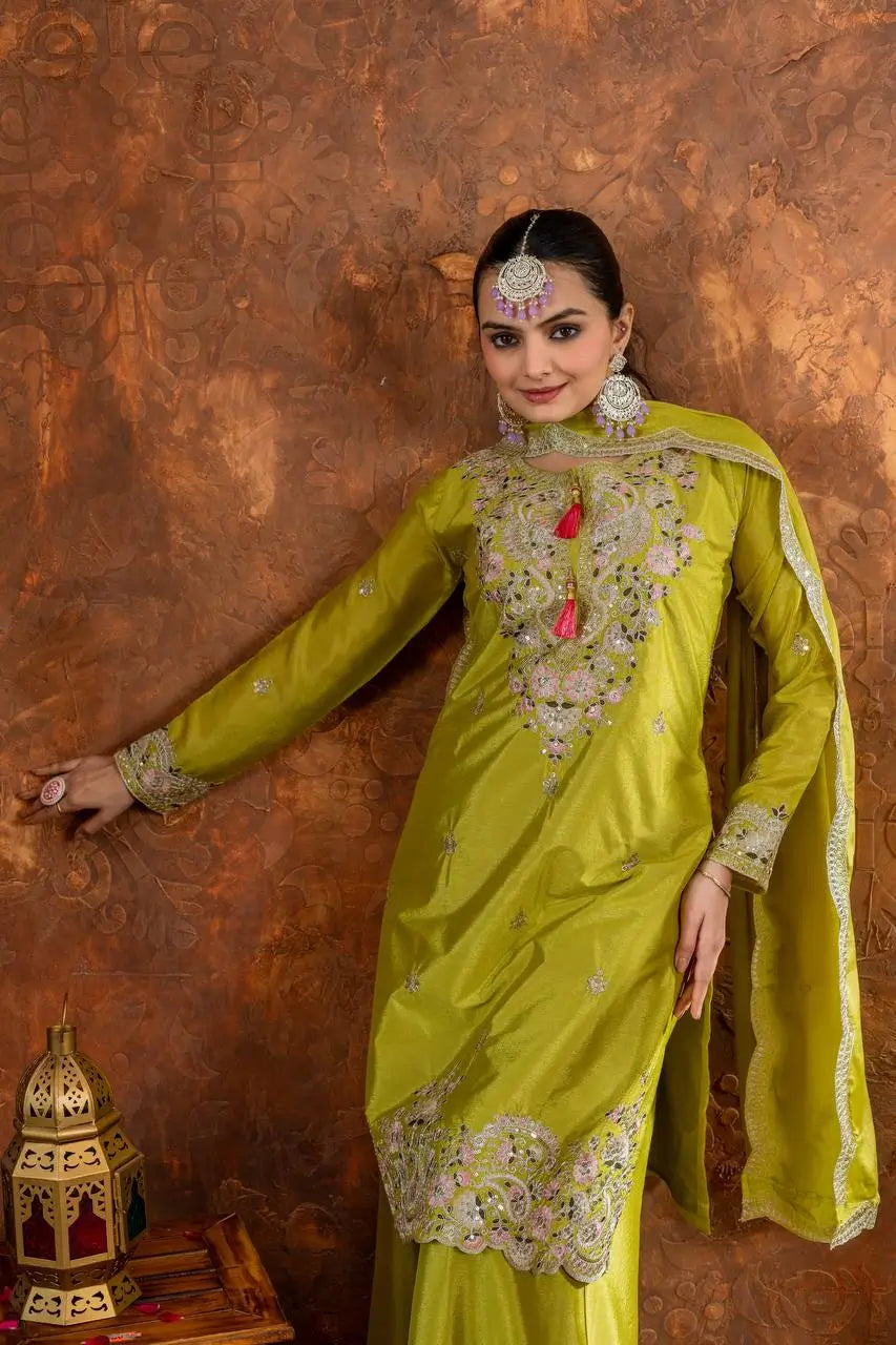 Heavy Chinon Silk Embroidered Palazzo Set with Dupatta