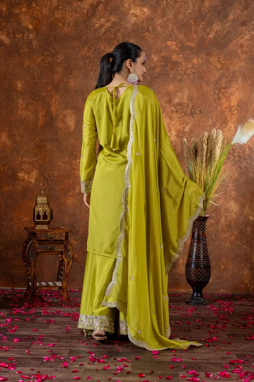 Heavy Chinon Silk Embroidered Palazzo Set with Dupatta