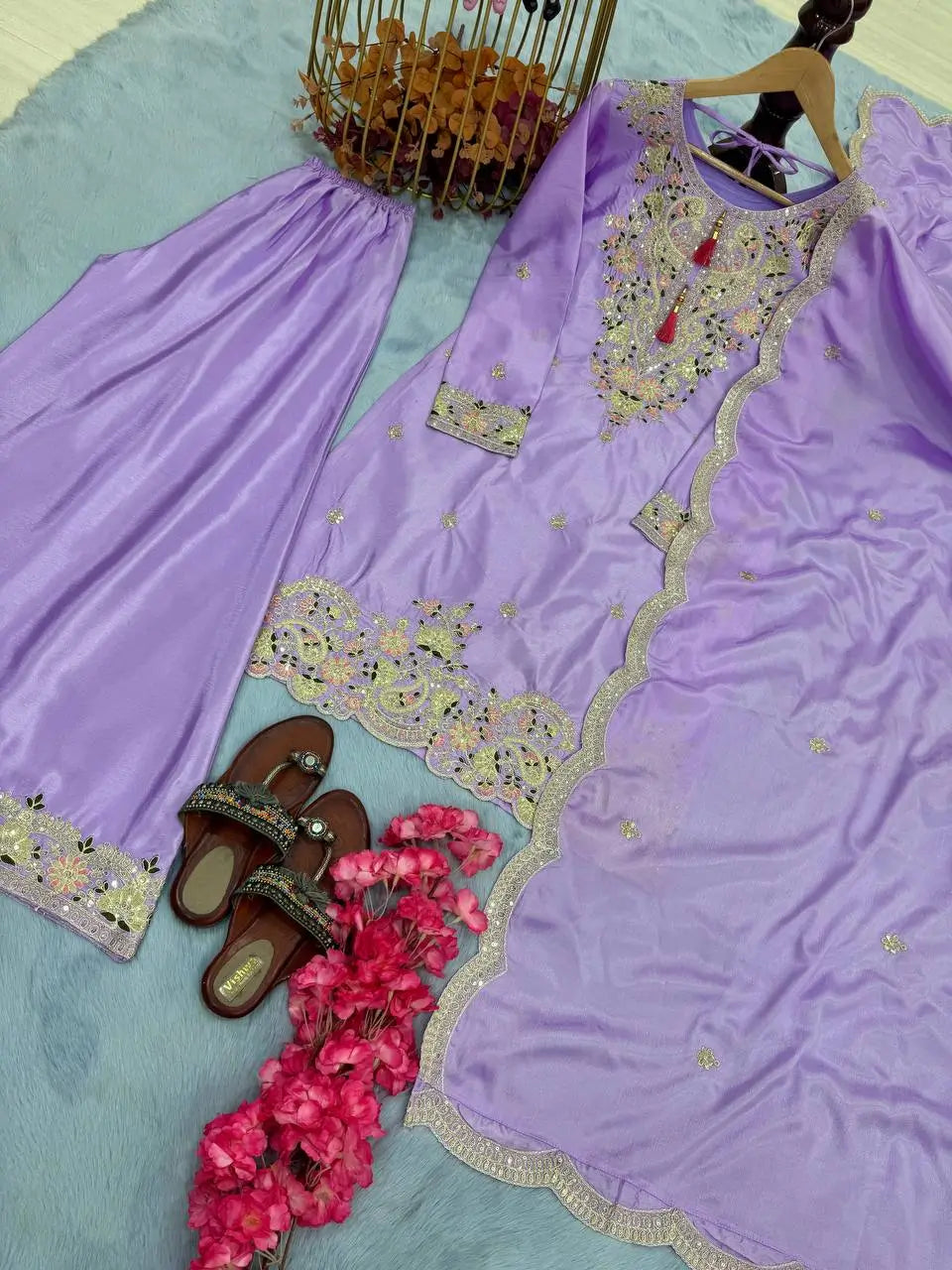 Heavy Chinon Silk Embroidered Palazzo Set with Dupatta