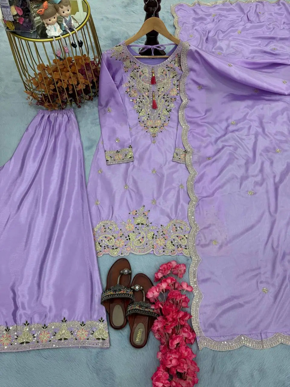 Heavy Chinon Silk Embroidered Palazzo Set with Dupatta