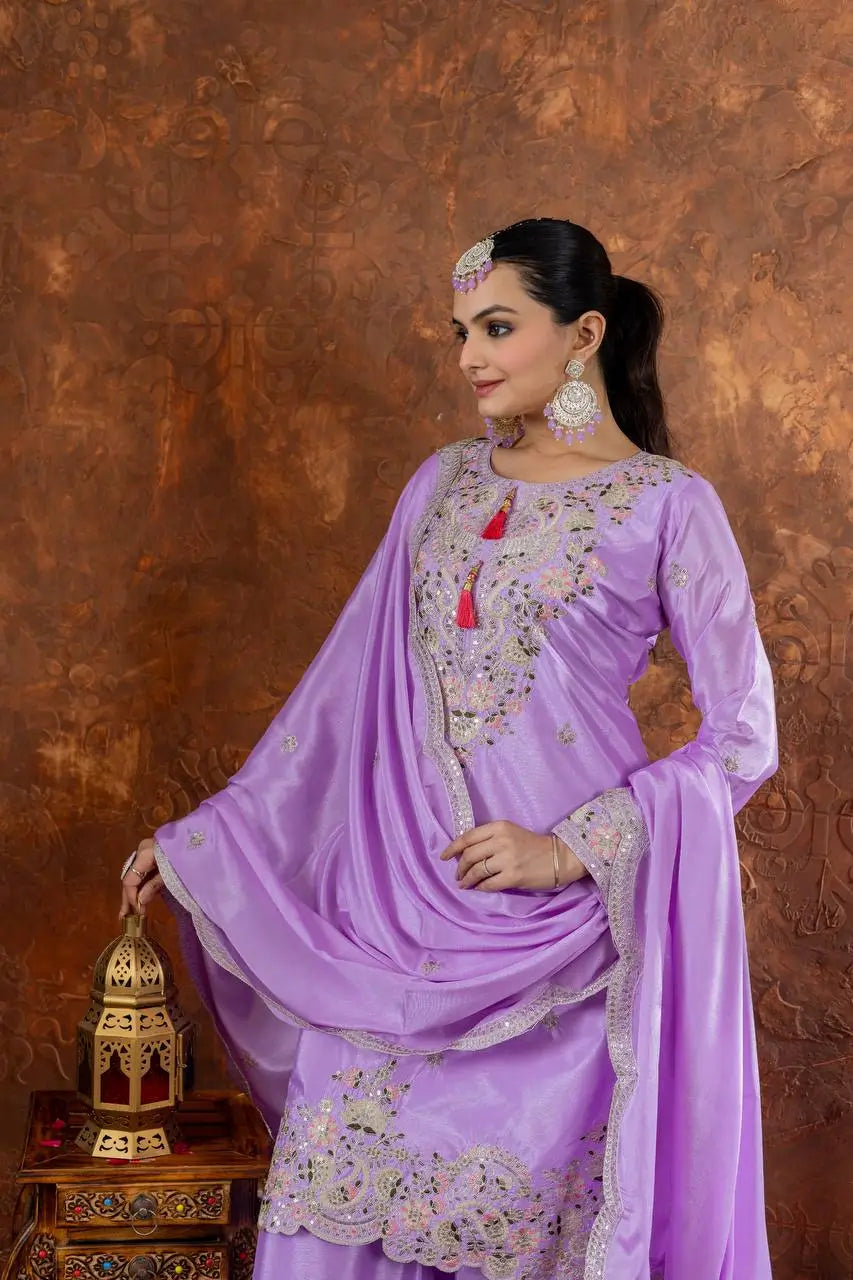 Heavy Chinon Silk Embroidered Palazzo Set with Dupatta