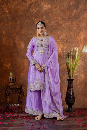 Heavy Chinon Silk Embroidered Palazzo Set with Dupatta