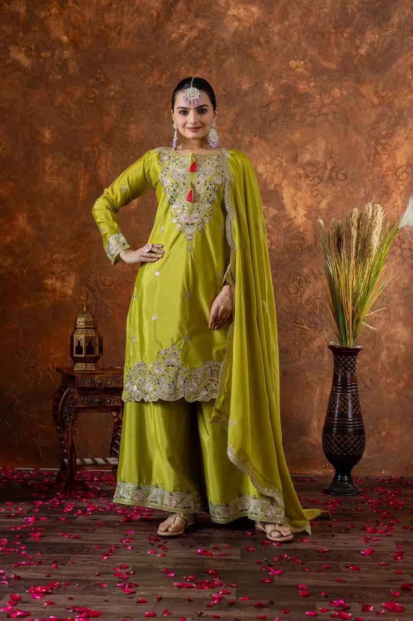 Heavy Chinon Silk Embroidered Palazzo Set with Dupatta