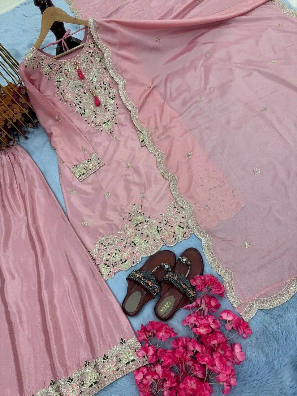 Heavy Chinon Silk Embroidered Palazzo Set with Dupatta